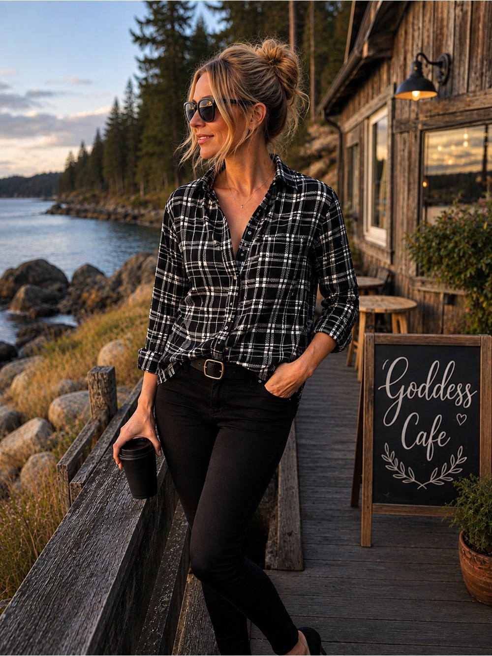 LAUREN RALPH LAUREN | Plaid Button front Shirt | BLACK/WHITE | M | 21/29